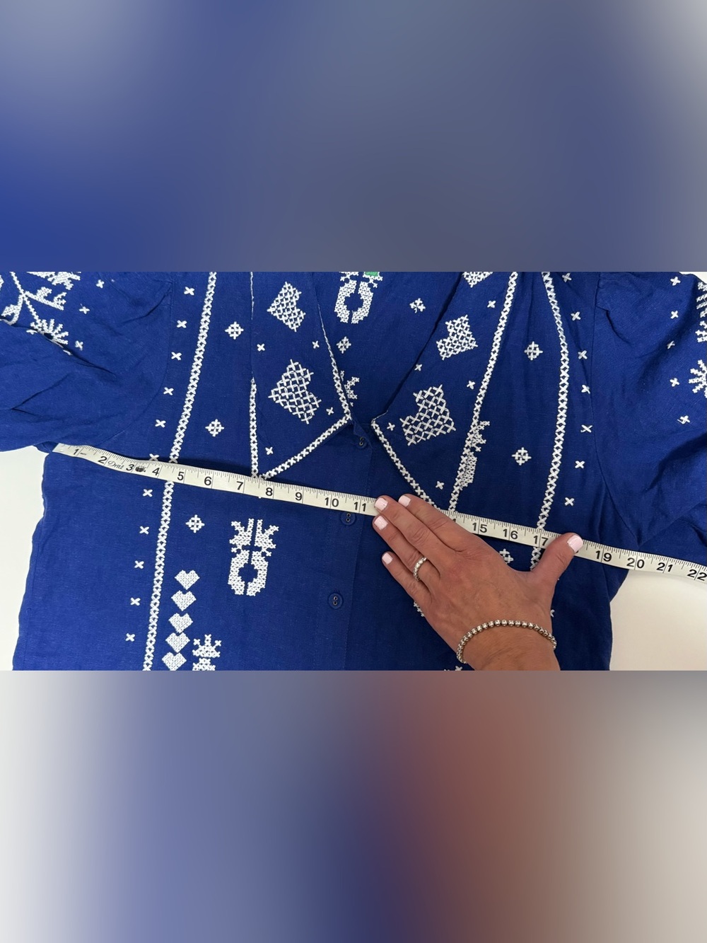 Farm Rio- Blue Embroidered Short-Sleeve Button-Up Shirt - Picture 10 of 16